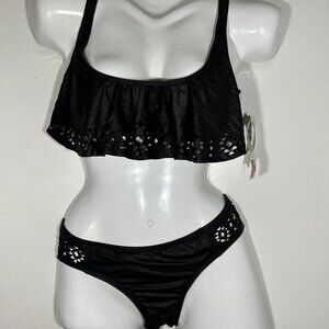 Black Swimsuit two piece size medium over shoulder strap swimwear Bikini Lab NWT